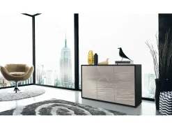 Vladon Cajonera Ben V3, Cómoda con 3 Puertas y 2 Cajones, Negro mate/Gris arena de alto brillo (117 x 74 x 36 cm)