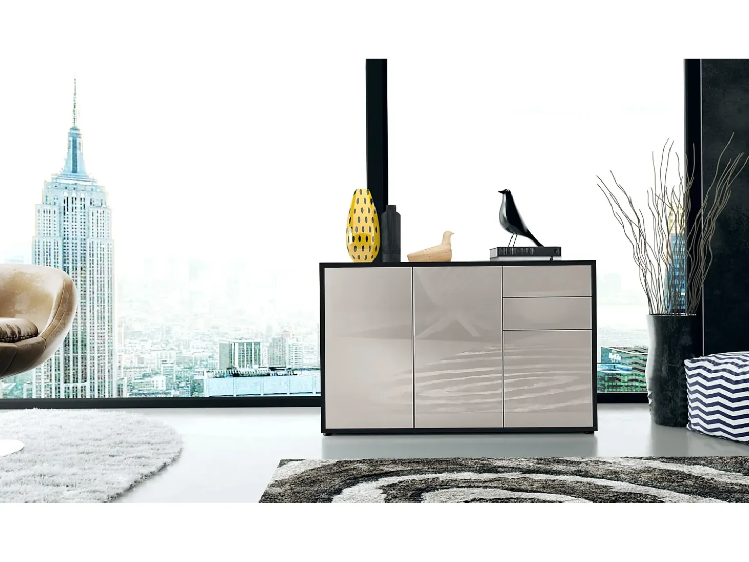 Vladon Cajonera Ben V3, Cómoda con 3 Puertas y 2 Cajones, Negro mate/Gris arena de alto brillo (117 x 74 x 36 cm)