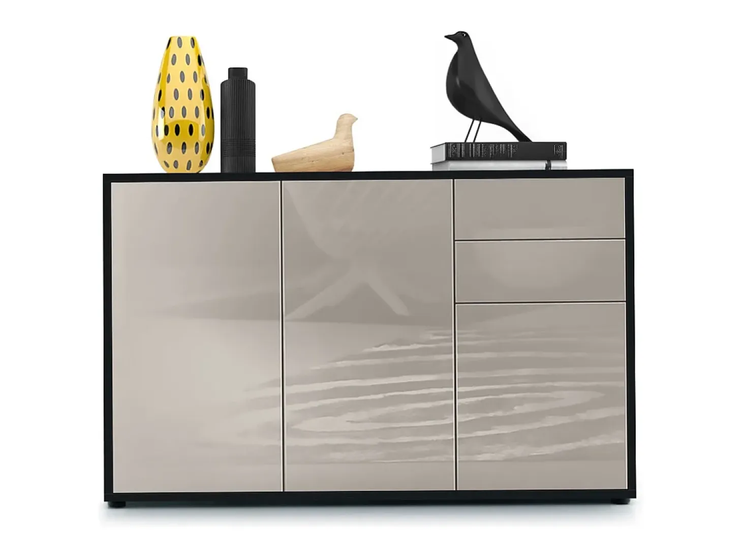 Vladon Cajonera Ben V3, Cómoda con 3 Puertas y 2 Cajones, Negro mate/Gris arena de alto brillo (117 x 74 x 36 cm)