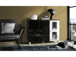 Vladon Cajonera Denjo, Cómoda con 3 Puertas, Negro mate/Blanco de alto brillo (107 x 81 x 35 cm)