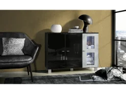 Vladon Cajonera Denjo, Cómoda con 3 Puertas, Negro mate/Negro de alto brillo/Hormigón oxidado, incluida iluminación LED (107 x 81 x 35 cm)