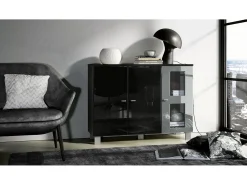 Vladon Cajonera Denjo, Cómoda con 3 Puertas, Negro mate/Negro de alto brillo/Gris de alto brillo (107 x 81 x 35 cm)