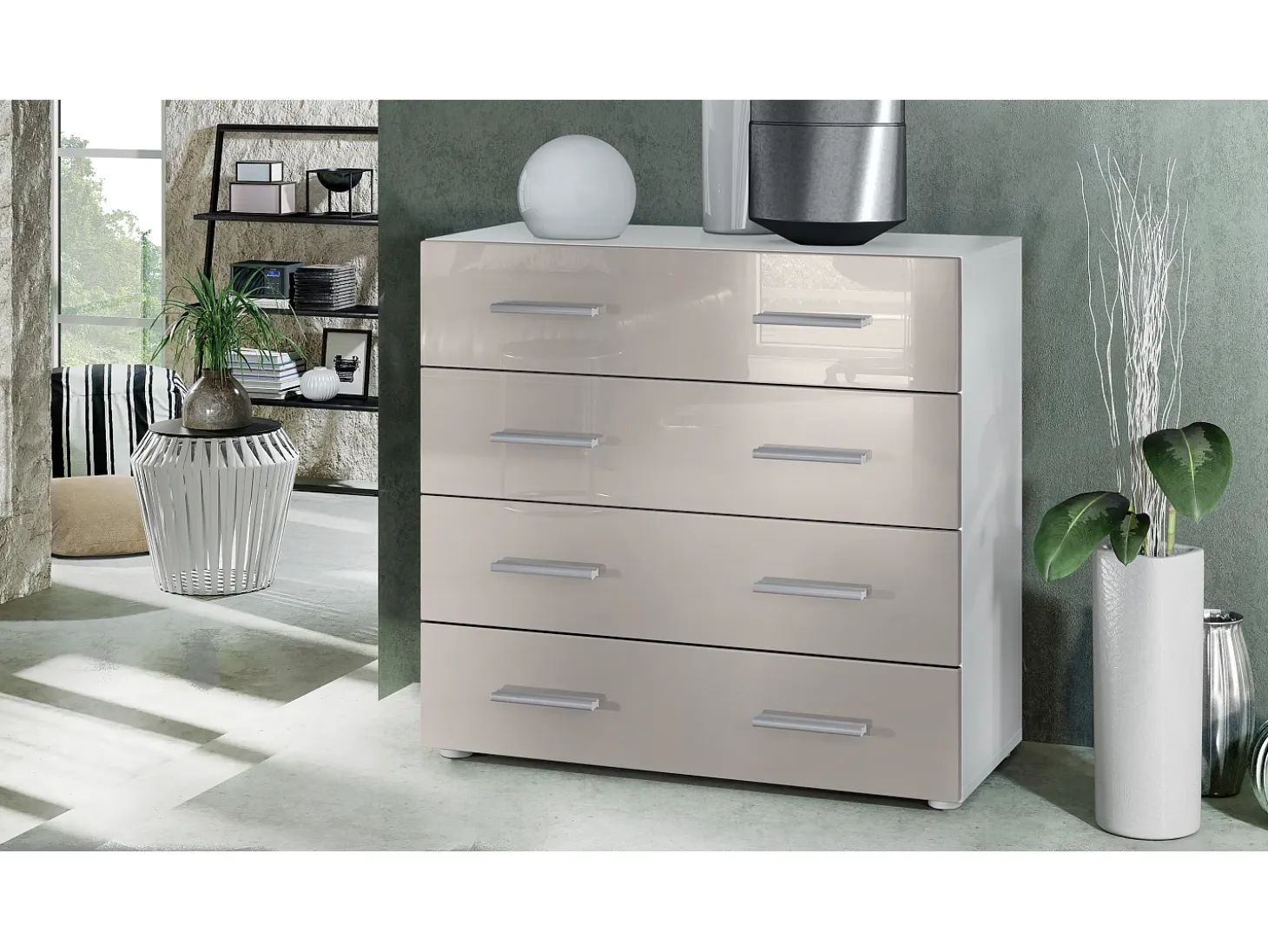 Vladon Cajonera Pavos, Cómoda con 4 Cajones, blanco mate/gris arena de alto brillo (76 x 72 x 35 cm)