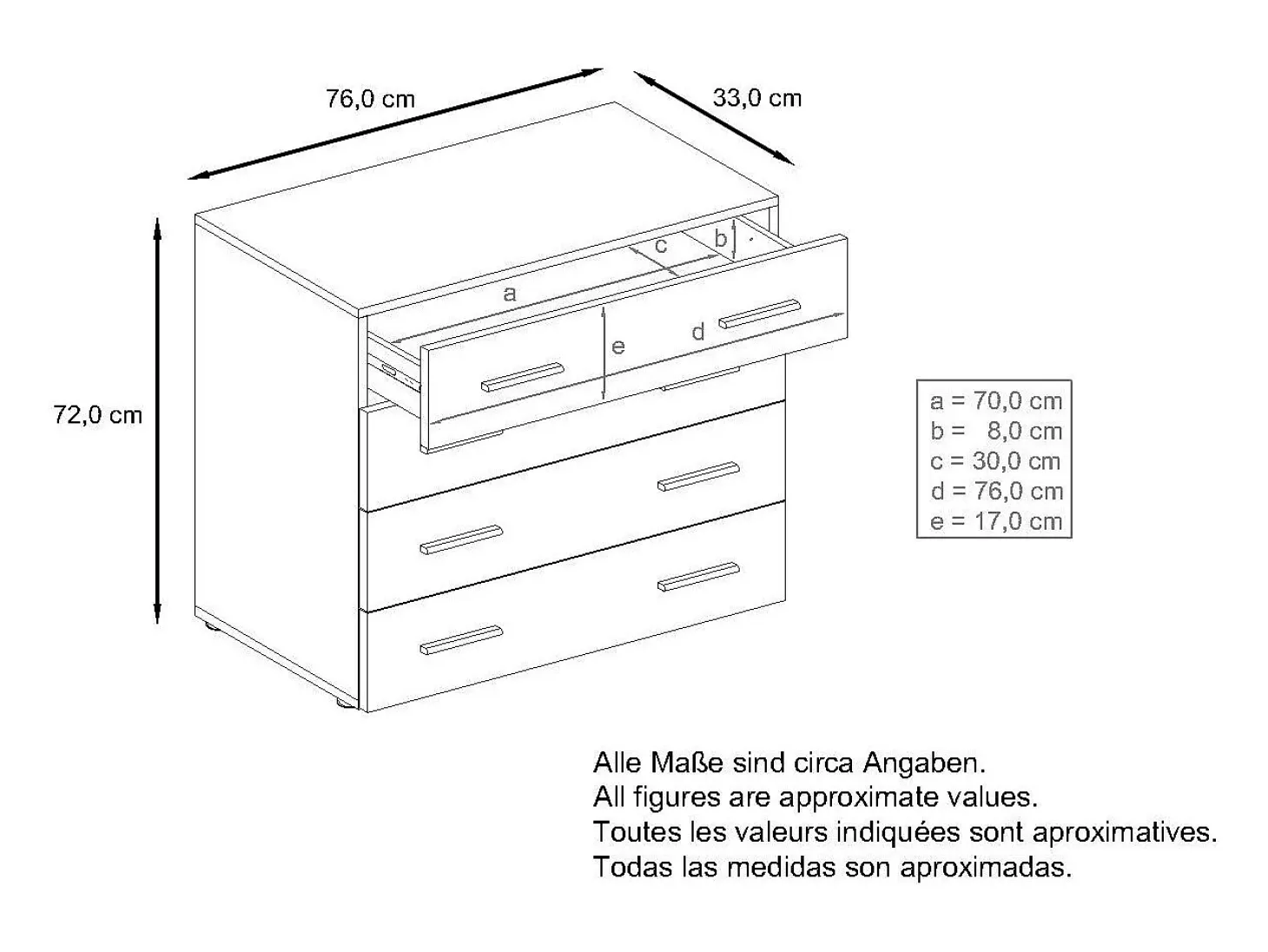 Vladon Cajonera Pavos, Cómoda con 4 Cajones, blanco mate/gris arena de alto brillo (76 x 72 x 35 cm)