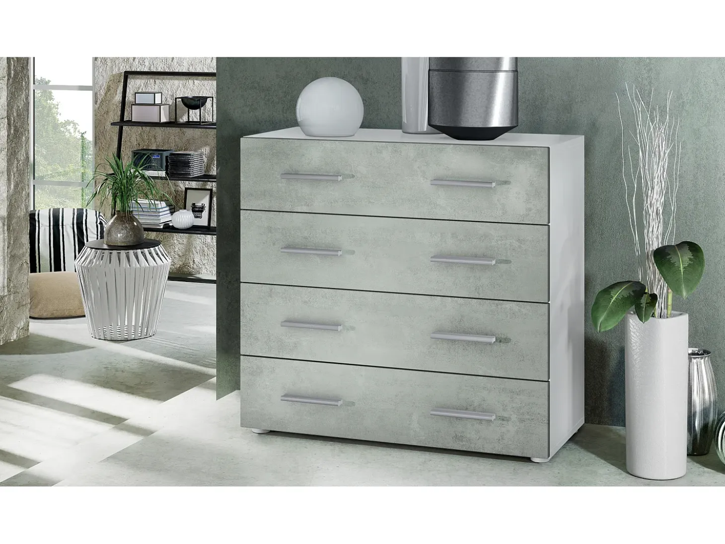 Vladon Cajonera Pavos, Cómoda con 4 Cajones, blanco mate/hormigón oxidado (76 x 72 x 35 cm)