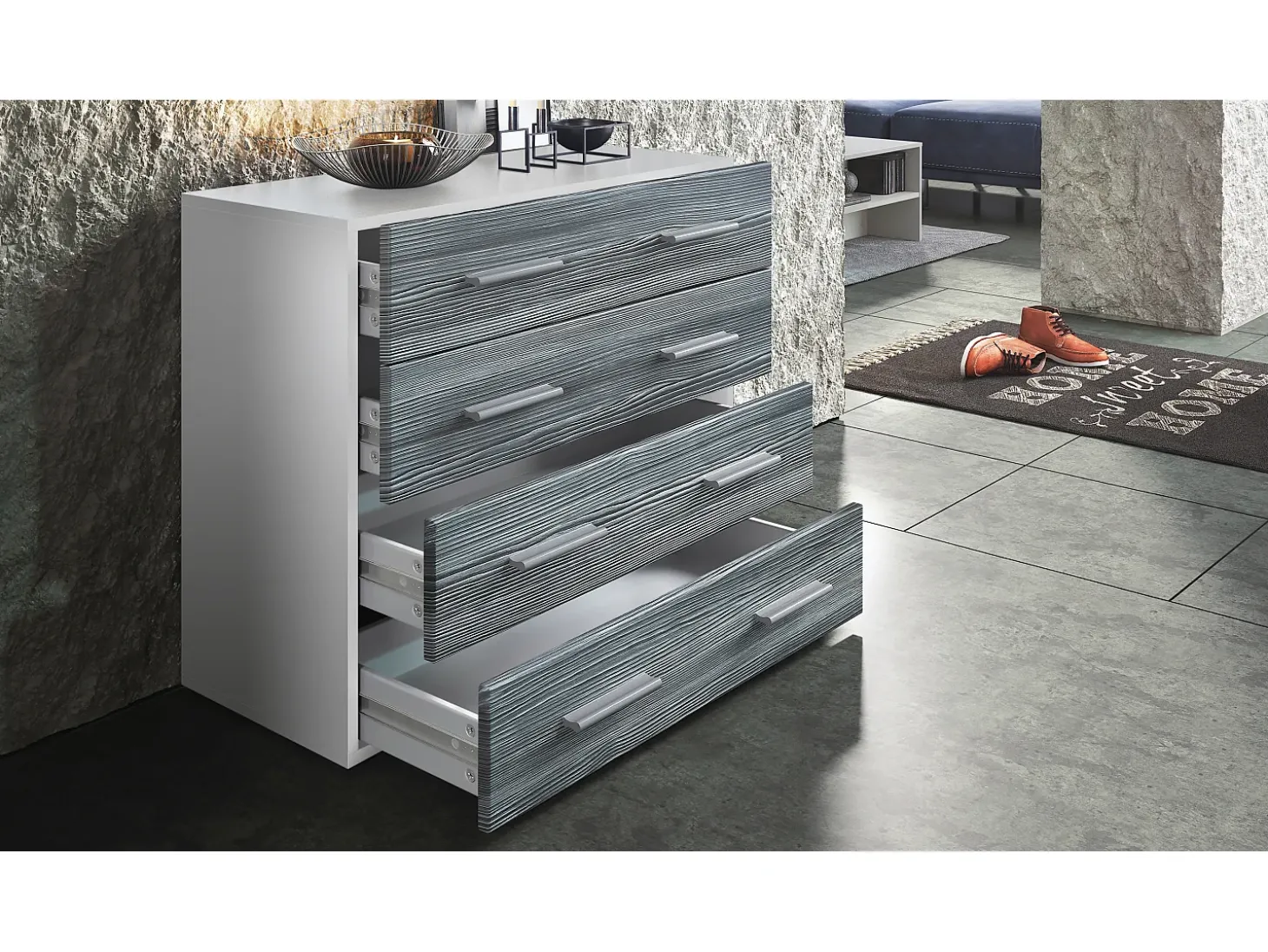 Vladon Cajonera Pavos, Cómoda con 4 Cajones, blanco mate/roble natural (76 x 72 x 35 cm)