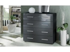 Vladon Cajonera Pavos, Cómoda con 4 Cajones, negro mate/gris de alto brillo (76 x 72 x 35 cm)