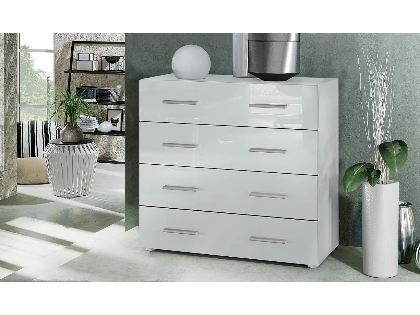 Vladon Cajonera Pavos, Cómoda con 4 Cajones, blanco mate/blanco de alto brillo (76 x 72 x 35 cm)