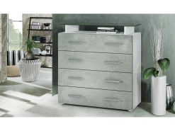 Vladon Cajonera Pavos V2, Cómoda con 4 Cajones y estante de cristal, blanco mate/hormigón oxidado (76 x 81 x 35 cm)