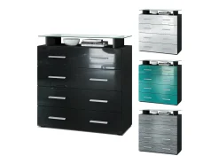 Vladon Cajonera Pavos V2, Cómoda con 4 Cajones y estante de cristal, negro mate/gris de alto brillo (76 x 81 x 35 cm)