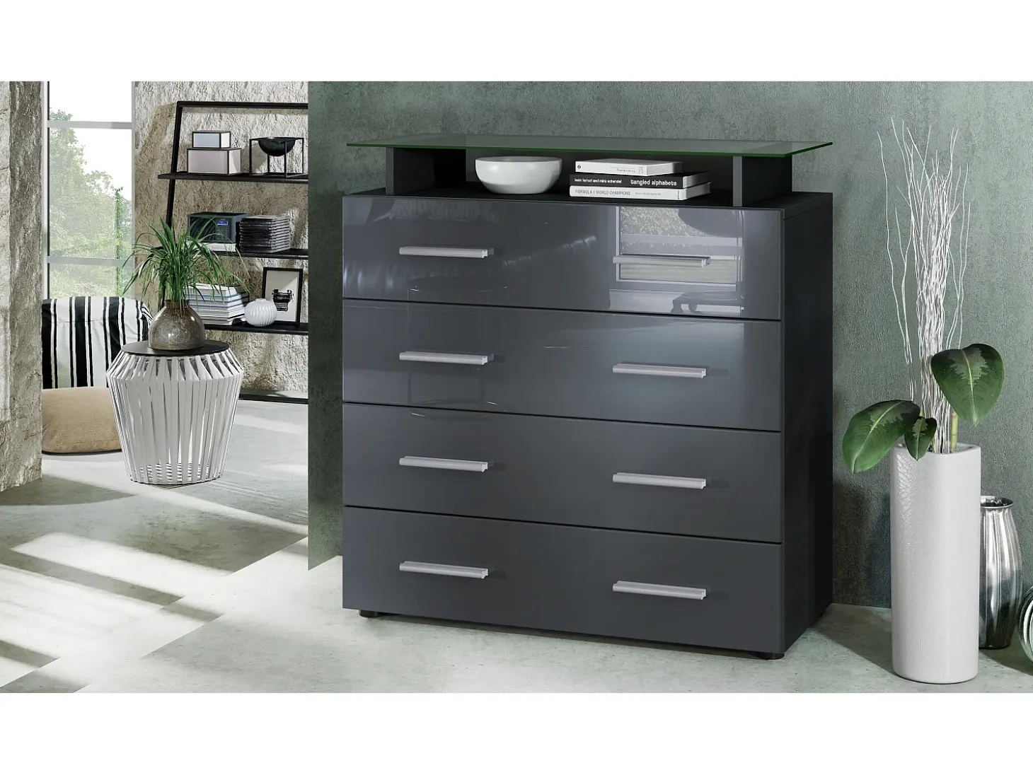 Vladon Cajonera Pavos V2, Cómoda con 4 Cajones y estante de cristal, negro mate/gris de alto brillo (76 x 81 x 35 cm)