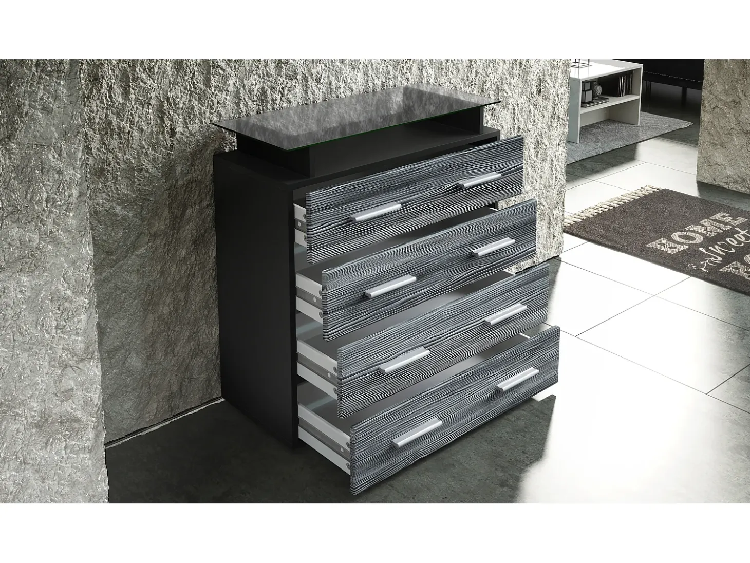 Vladon Cajonera Pavos V2, Cómoda con 4 Cajones y estante de cristal, negro mate/zarzamora de alto brillo (76 x 81 x 35 cm)