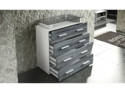 Vladon Cajonera Pavos V2, Cómoda con 4 Cajones y estante de cristal, blanco mate/gris arena de alto brillo (76 x 81 x 35 cm)