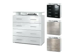 Vladon Cajonera Pavos V2, Cómoda con 4 Cajones y estante de cristal, blanco mate/gris arena de alto brillo (76 x 81 x 35 cm)