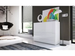 Vladon Cajonera Rova, Cómoda con 4 Puertas, Blanco mate/Blanco de alto brillo (92 x 72 x 35 cm)