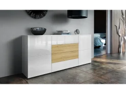 Vladon Cajonera Rova, Cómoda con 4 Puertas y 4 cajones, Blanco mate/Blanco de alto brillo/Roble natural (166 x 72 x 35 cm)