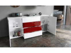 Vladon Cajonera Rova, Cómoda con 4 Puertas y 4 cajones, Blanco mate/Blanco de alto brillo/Roble natural (166 x 72 x 35 cm)