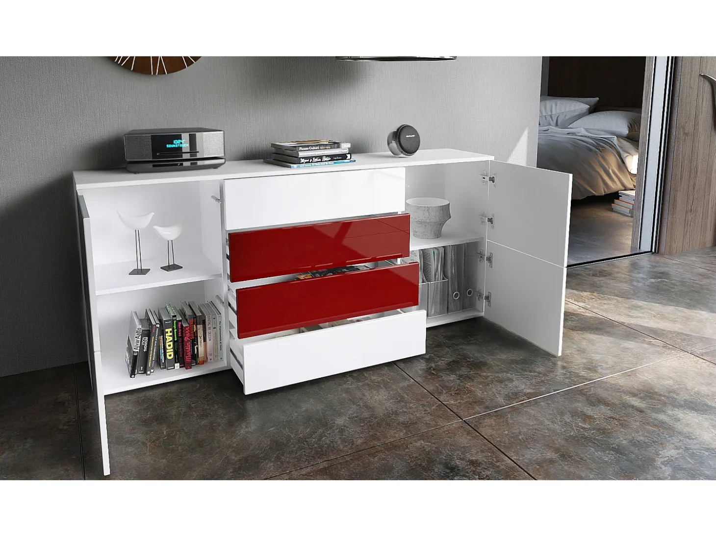Vladon Cajonera Rova, Cómoda con 4 Puertas y 4 cajones, Blanco mate/Burdeos de alto brillo (166 x 72 x 35 cm)
