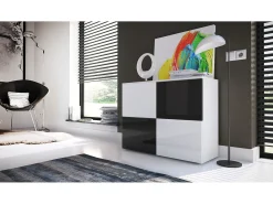 Vladon Cajonera Rova, Cómoda con 4 Puertas, Blanco mate/Blanco de alto brillo/Negro de alto brillo (92 x 72 x 35 cm)