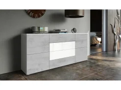 Vladon Cajonera Rova, Cómoda con 4 Puertas y 4 cajones, Blanco mate/Hormigón oxidado/Blanco de alto brillo (166 x 72 x 35 cm)