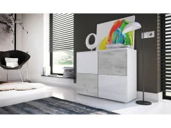 Vladon Cajonera Rova, Cómoda con 4 Puertas, Blanco mate/Blanco de alto brillo/Hormigón oxidado (92 x 72 x 35 cm)