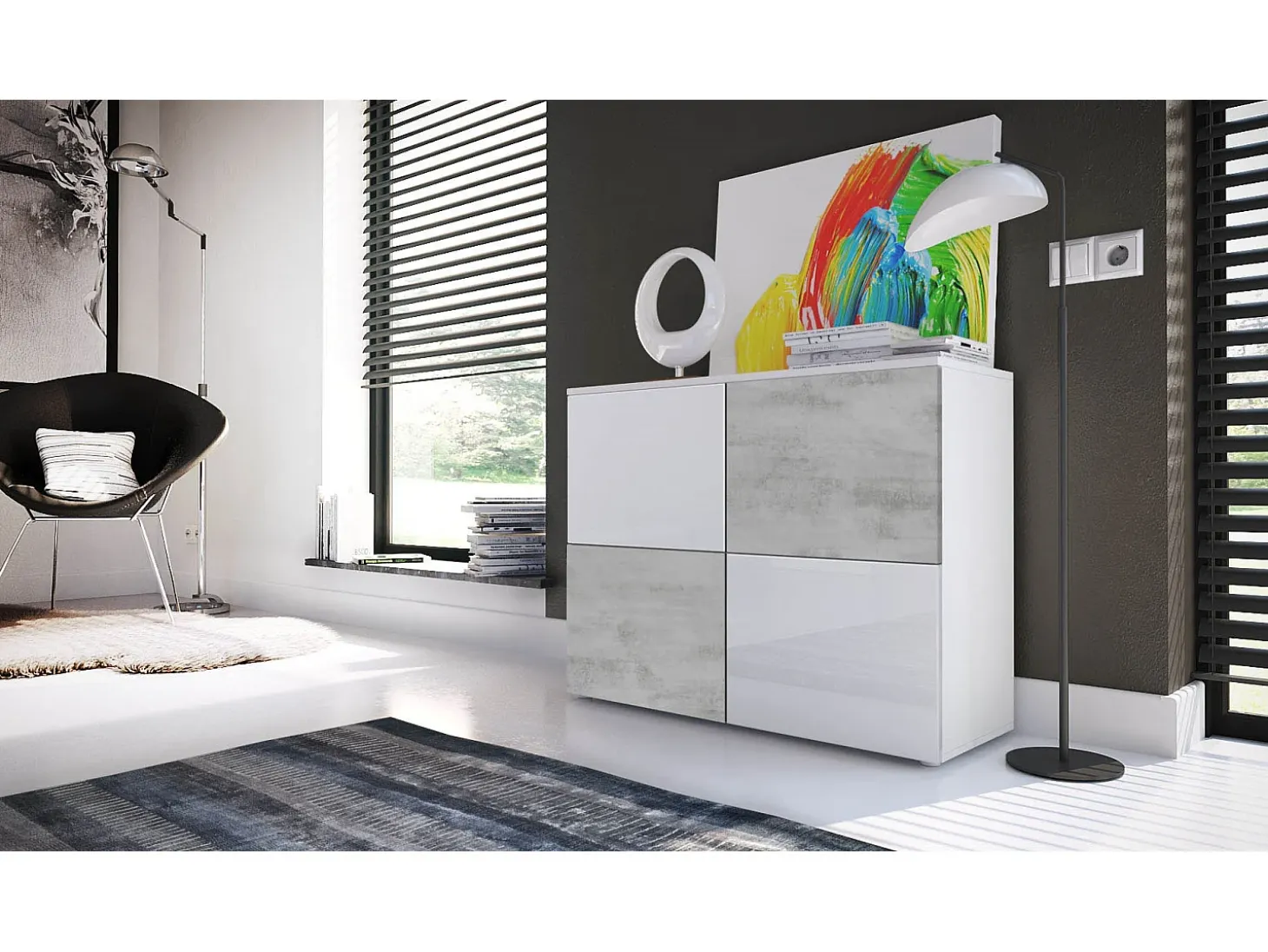 Vladon Cajonera Rova, Cómoda con 4 Puertas, Blanco mate/Blanco de alto brillo/Hormigón oxidado (92 x 72 x 35 cm)