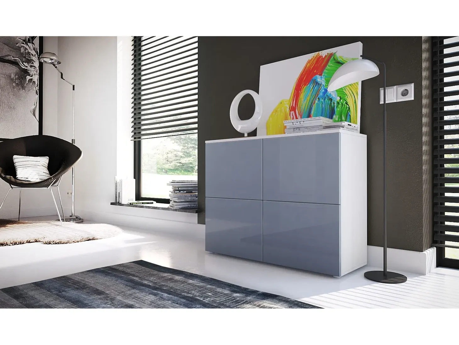 Vladon Cajonera Rova, Cómoda con 4 Puertas, Blanco mate/Gris de alto brillo (92 x 72 x 35 cm)