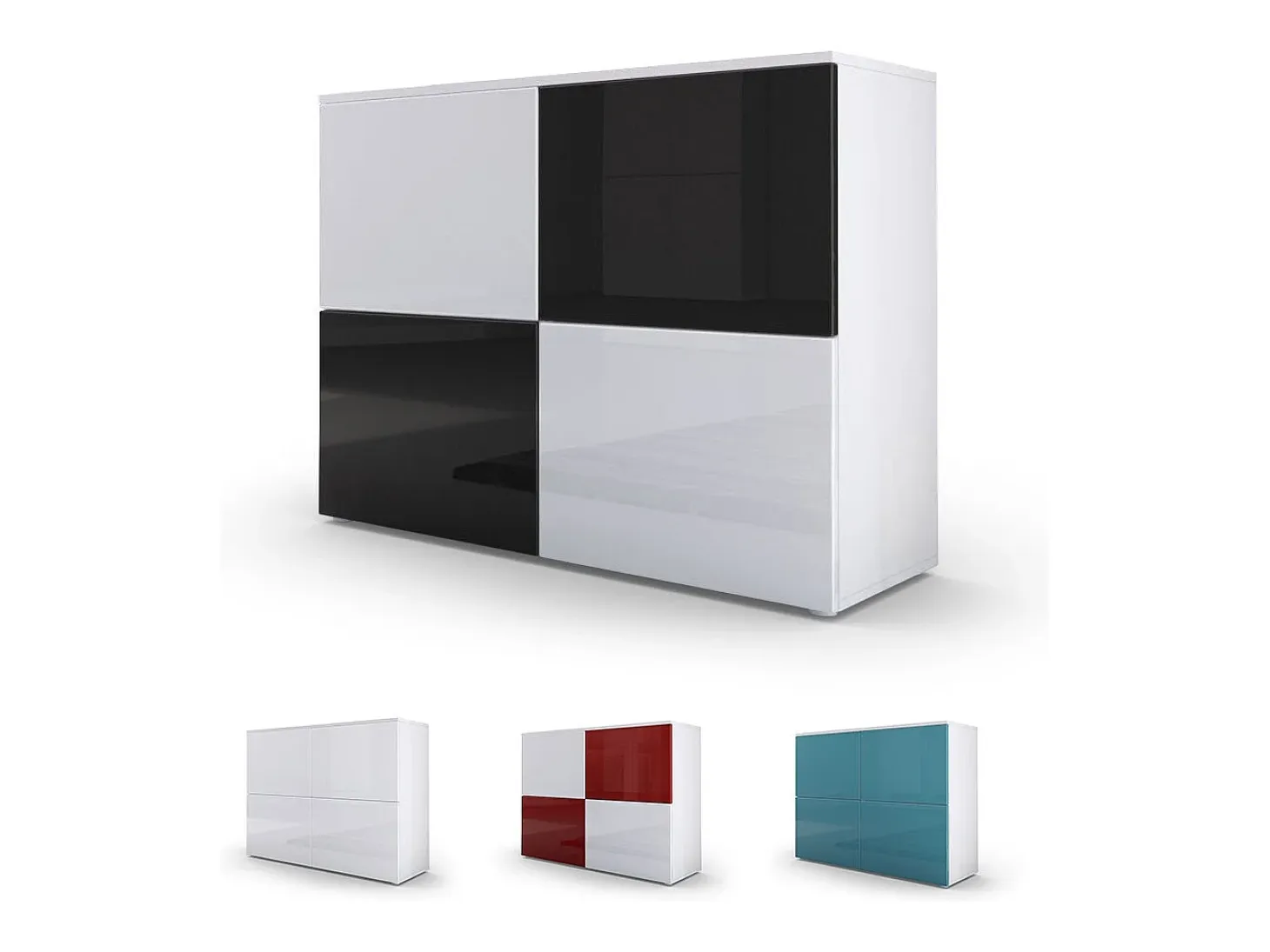 Vladon Cajonera Rova, Cómoda con 4 Puertas, Blanco mate/Gris de alto brillo (92 x 72 x 35 cm)