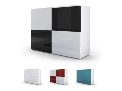 Vladon Cajonera Rova, Cómoda con 4 Puertas, Blanco mate/Blanco de alto brillo/Roble natural (92 x 72 x 35 cm)