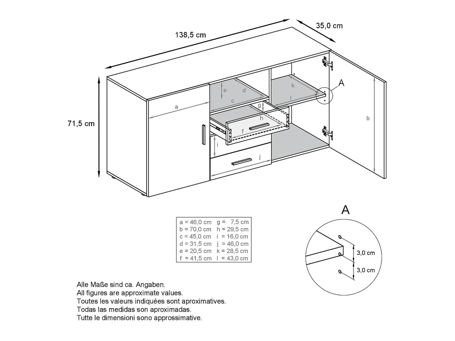 Vladon Cajonera Skadu, Cómoda con 2 Puertas, 3 Cajones y 1 Compartimento abierto, blanco mate/zarzamora de alto brillo (139 x 72 x 35 cm)
