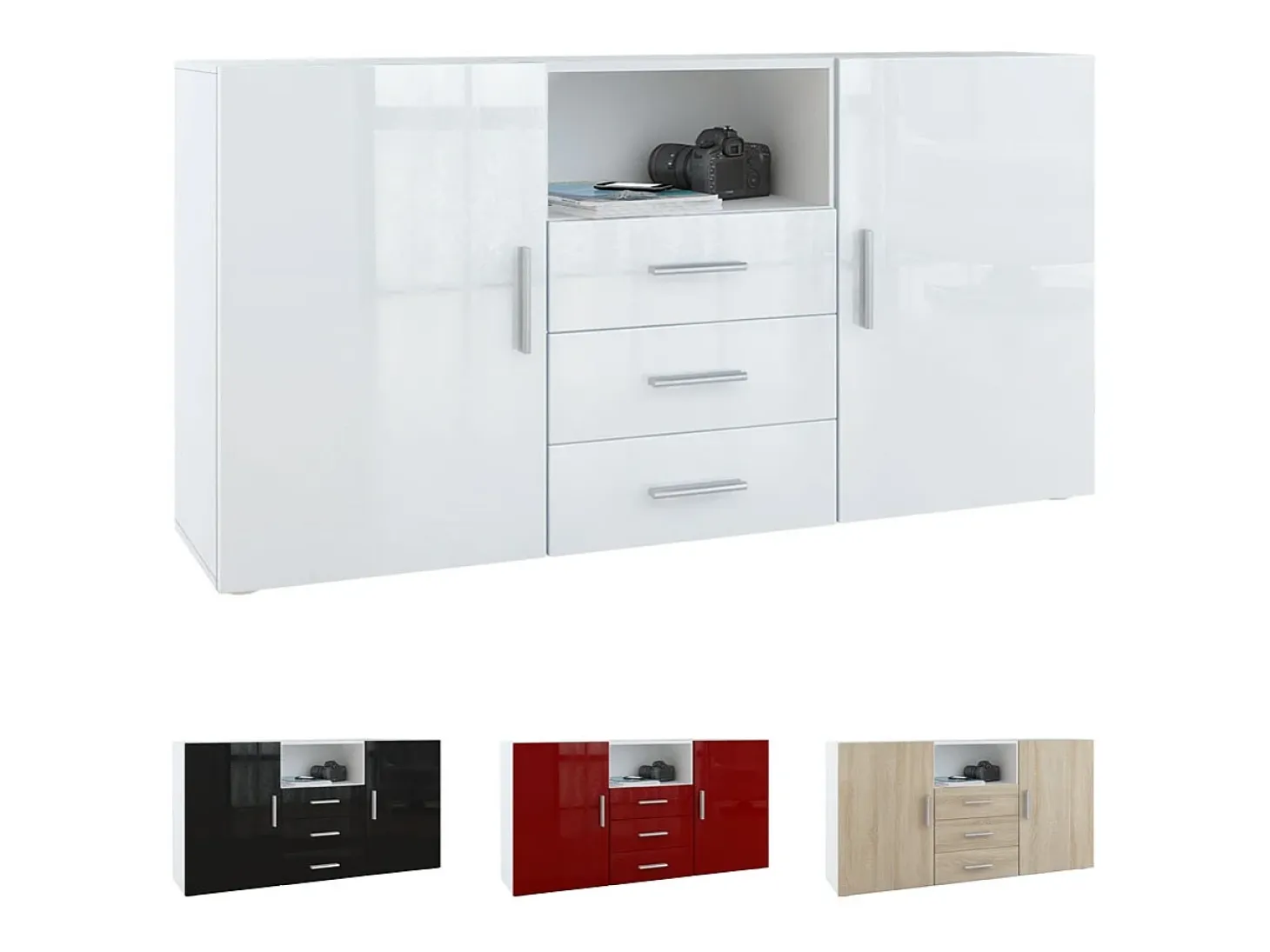 Vladon Cajonera Skadu, Cómoda con 2 Puertas, 3 Cajones y 1 Compartimento abierto, blanco mate/gris de alto brillo (139 x 72 x 35 cm)