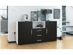 Vladon Cajonera Skadu, Cómoda con 2 Puertas, 3 Cajones y 1 Compartimento abierto, blanco mate/negro mate (139 x 72 x 35 cm)