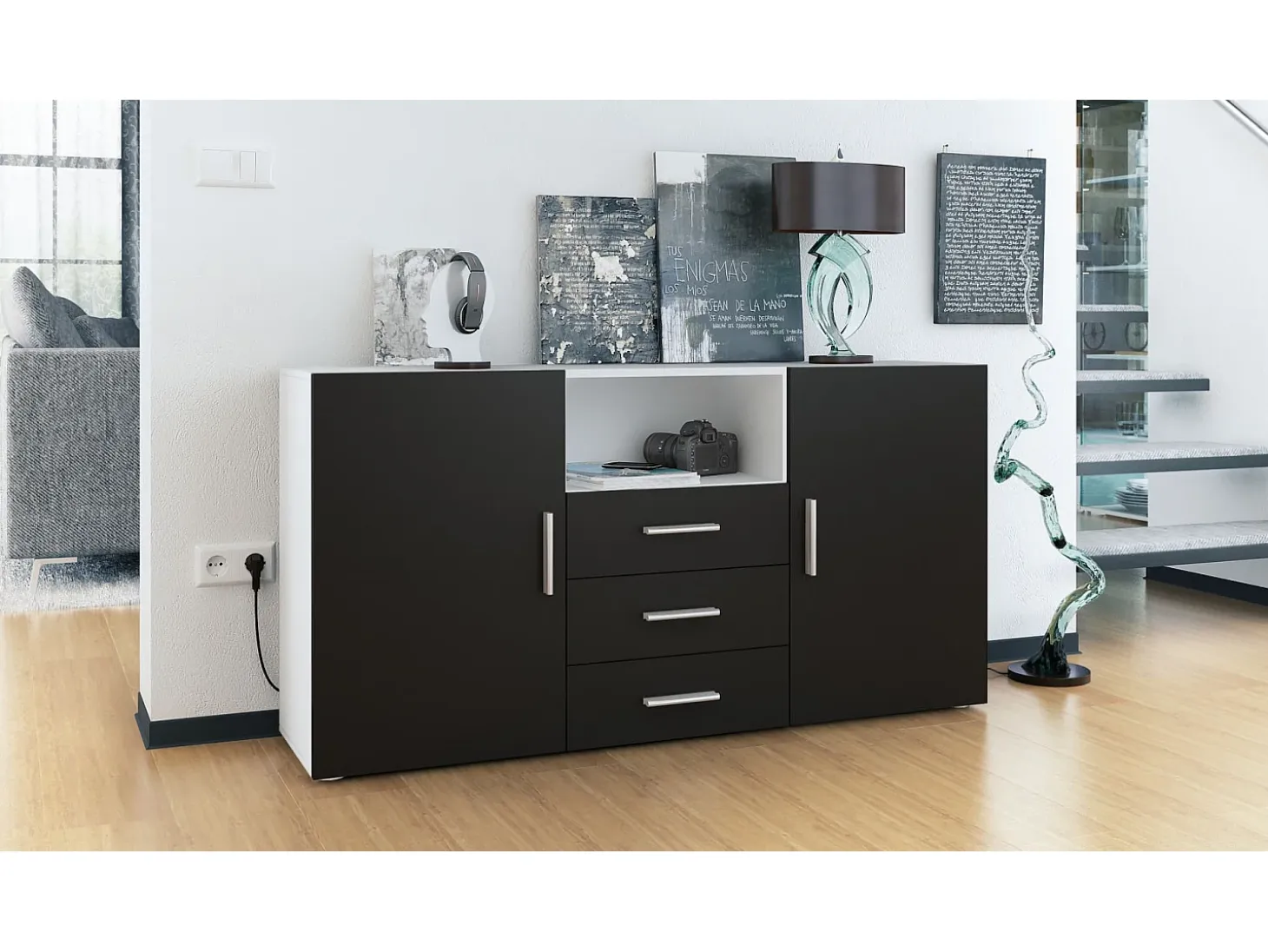 Vladon Cajonera Skadu, Cómoda con 2 Puertas, 3 Cajones y 1 Compartimento abierto, blanco mate/negro mate (139 x 72 x 35 cm)