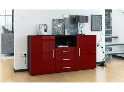 Vladon Cajonera Skadu, Cómoda con 2 Puertas, 3 Cajones y 1 Compartimento abierto, negro mate/burdeos de alto brillo (138,5 x 71,5 x 35 cm)