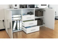 Vladon Cajonera Skadu, Cómoda con 2 Puertas, 3 Cajones y 1 Compartimento abierto, negro mate/blanco mate (138,5 x 71,5 x 35 cm)