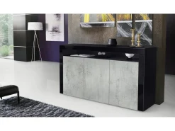 Vladon Cajonera Valencia, Cómoda con 3 Puertas y 1 Compartimento abierto, Negro mate/hormigón oxidado/negro de alto brillo (155 x 92 x 40 cm)