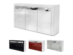 Vladon Cajonera Valencia, Cómoda con 3 Puertas y 1 Compartimento abierto, Blanco mate/blanco de alto brillo/blanco de alto brillo (155 x 92 x 40 cm)