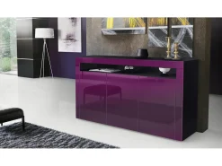 Vladon Cajonera Valencia, Cómoda con 3 Puertas y 1 Compartimento abierto, Negro mate/zarzamora de alto brillo/zarzamora de alto brillo (155 x 92 x 40 cm)