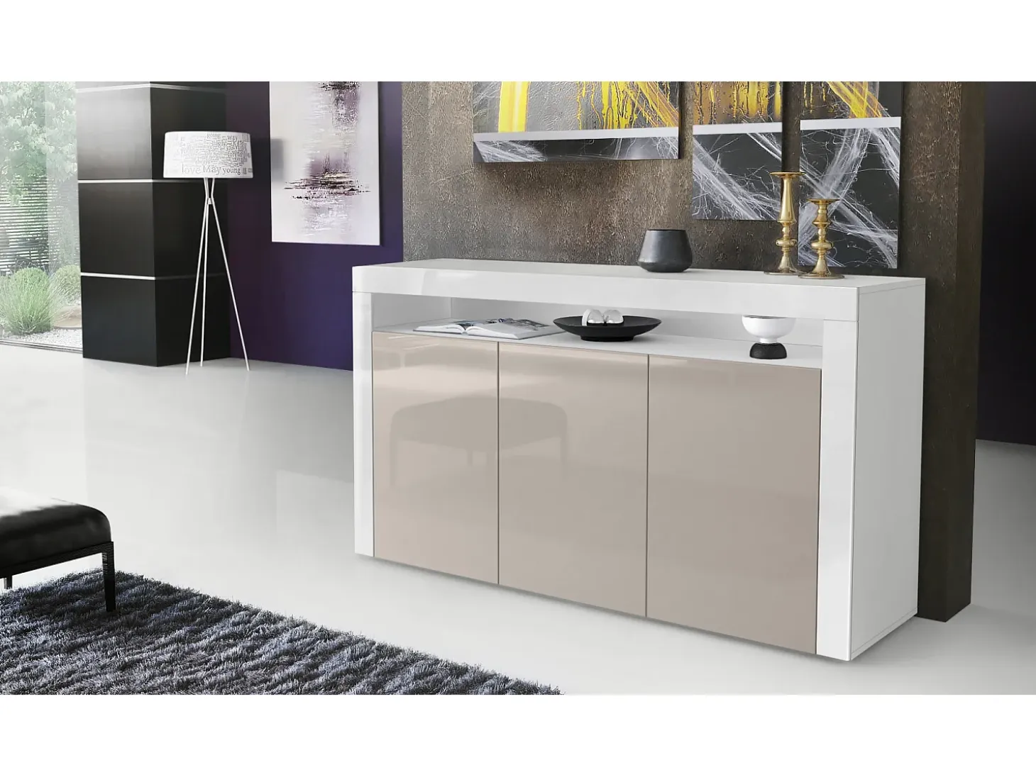 Vladon Cajonera Valencia, Cómoda con 3 Puertas y 1 Compartimento abierto, Blanco mate/gris arena de alto brillo/blanco de alto brillo (155 x 92 x 40 cm)
