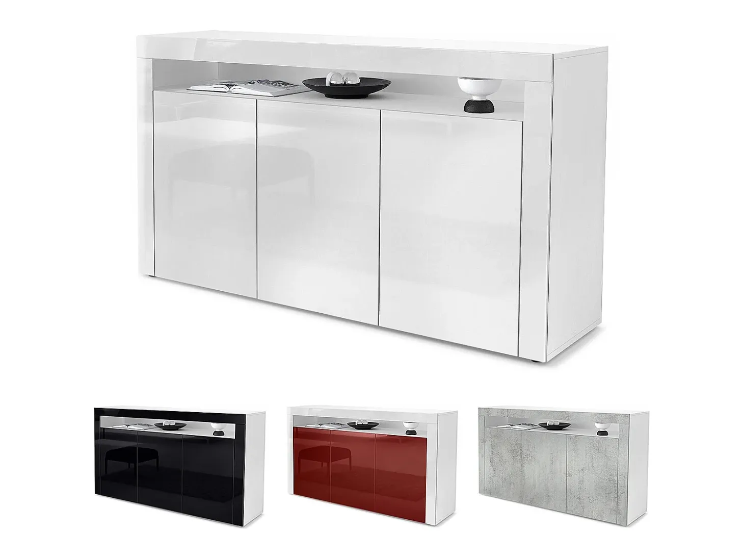 Vladon Cajonera Valencia, Cómoda con 3 Puertas y 1 Compartimento abierto, Blanco mate/gris arena de alto brillo/blanco de alto brillo (155 x 92 x 40 cm)
