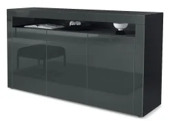 Vladon Cajonera Valencia, Cómoda con 3 Puertas y 1 Compartimento abierto, Negro mate/gris de alto brillo/gris de alto brillo (155 x 92 x 40 cm)