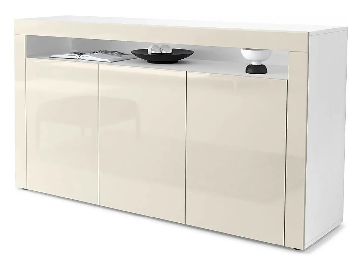 Vladon Cajonera Valencia, Cómoda con 3 Puertas y 1 Compartimento abierto, Blanco mate/crema de alto brillo/crema de alto brillo (155 x 92 x 40 cm)