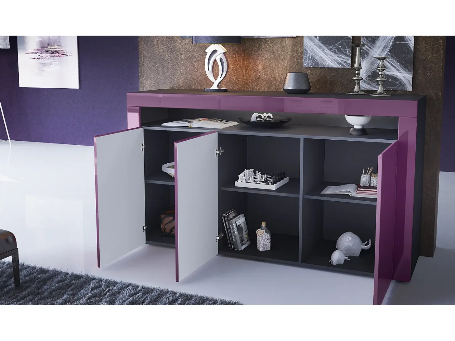 Vladon Cajonera Valencia, Cómoda con 3 Puertas y 1 Compartimento abierto, Negro mate/crema de alto brillo/crema de alto brillo (155 x 92 x 40 cm)