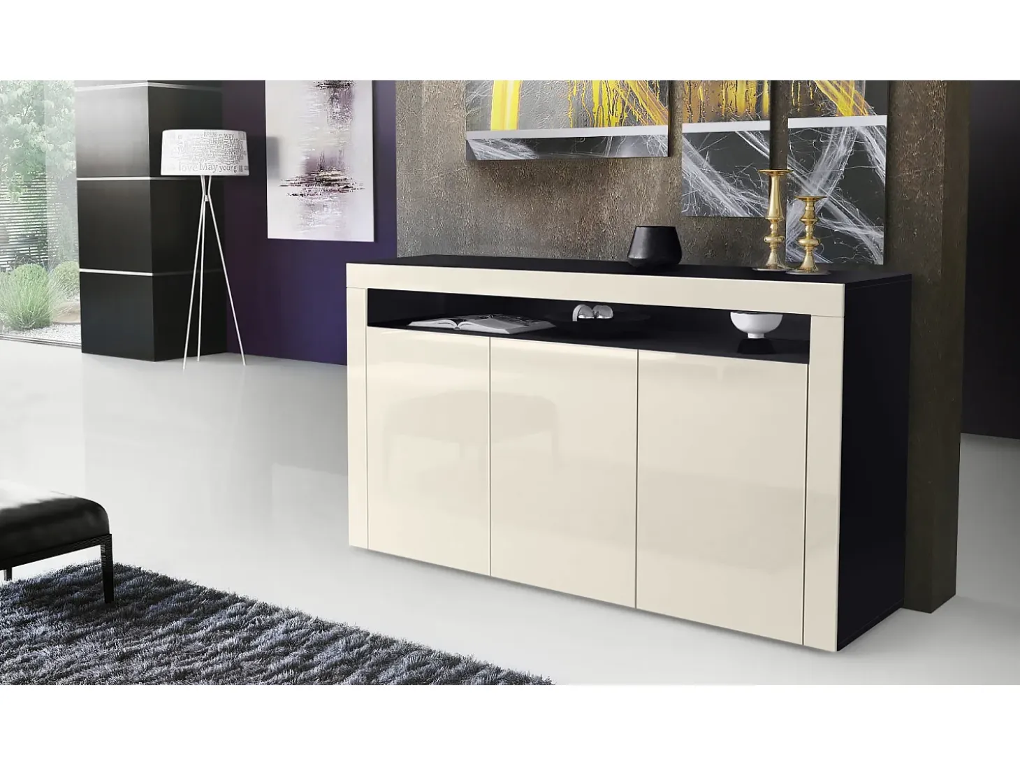 Vladon Cajonera Valencia, Cómoda con 3 Puertas y 1 Compartimento abierto, Negro mate/crema de alto brillo/crema de alto brillo (155 x 92 x 40 cm)