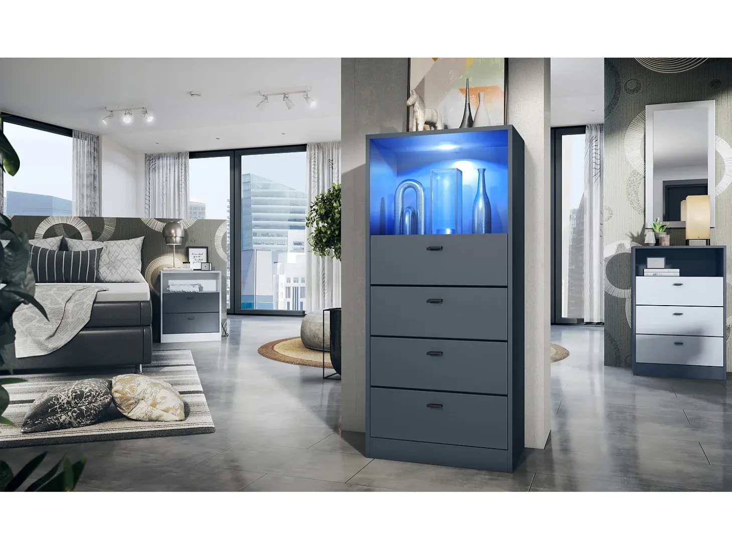Vladon cómoda Pino V3, aparador con 4 cajones y 1 compartimento abierto, antracita mate/undefined con iluminación LED RVB (56 x 125 x 36 cm)