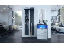 Vladon cómoda Pino V2, aparador con 3 cajones y 1 compartimento abierto, antracita mate/Blanco de alto brillo con iluminación LED RVB (56 x 86,5 x 36 cm)