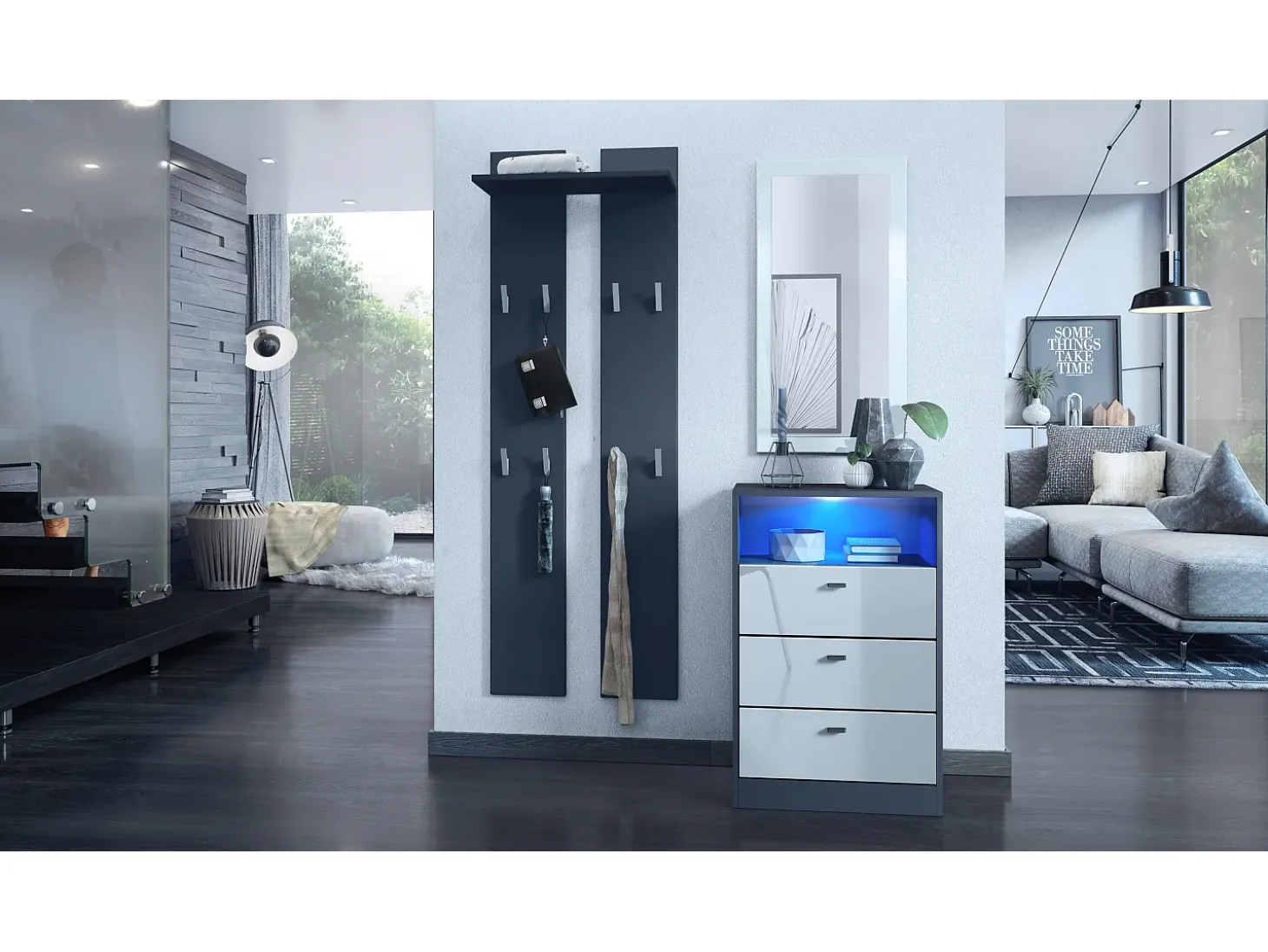 Vladon cómoda Pino V2, aparador con 3 cajones y 1 compartimento abierto, antracita mate/Blanco de alto brillo con iluminación LED RVB (56 x 86,5 x 36 cm)