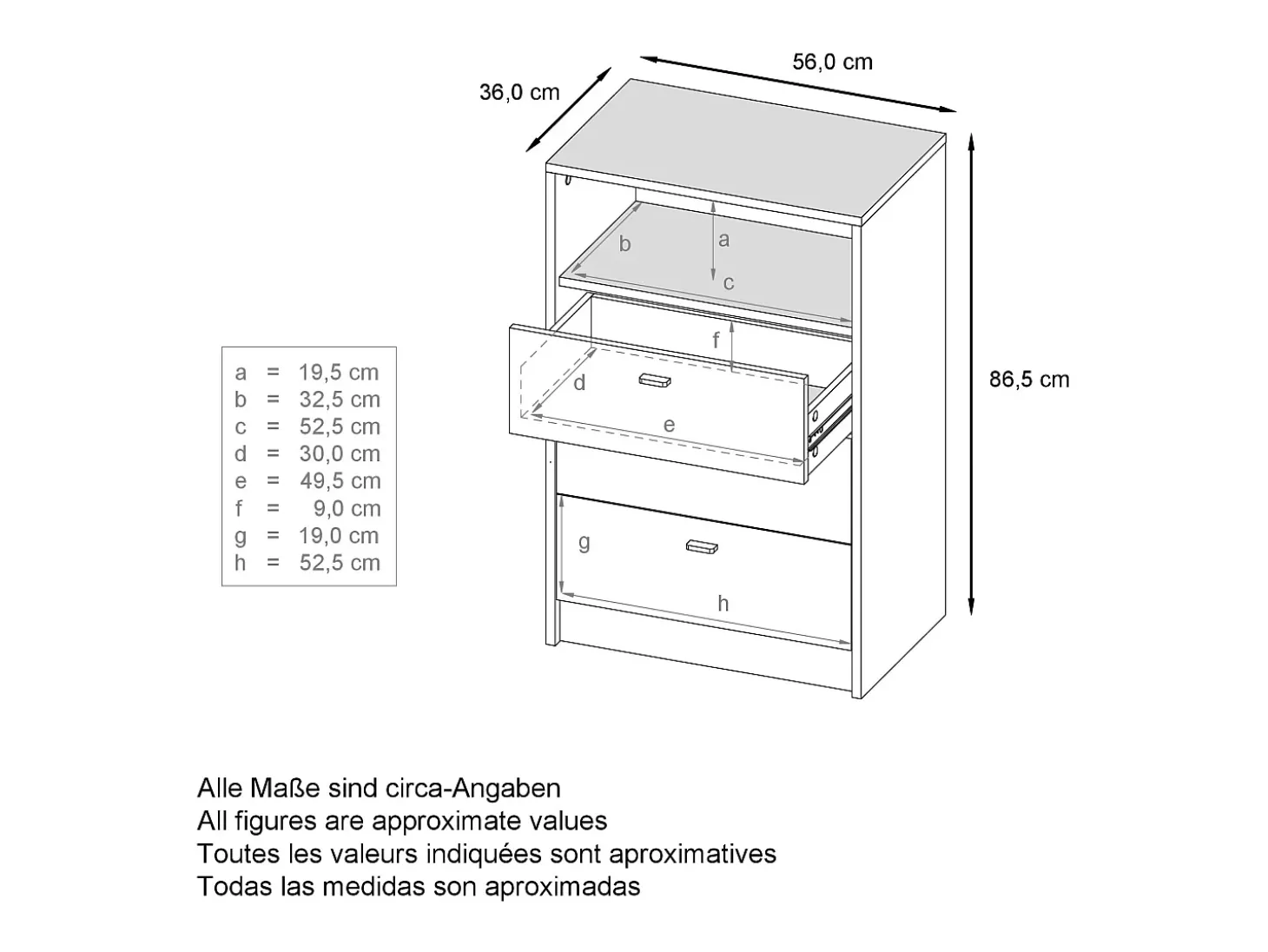 Vladon cómoda Pino V2, aparador con 3 cajones y 1 compartimento abierto, antracita mate/Blanco de alto brillo con iluminación LED RVB (56 x 86,5 x 36 cm)