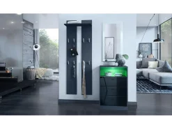 Vladon cómoda Pino V2, aparador con 3 cajones y 1 compartimento abierto, antracita mate/Negro de alto brillo con iluminación LED RVB (56 x 86,5 x 36 cm)