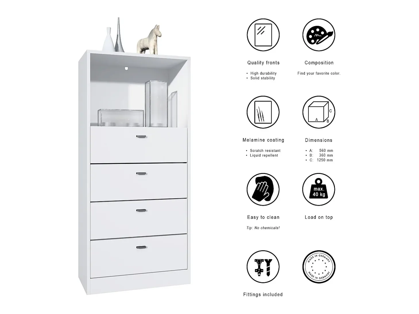 Vladon cómoda Pino V3, aparador con 4 cajones y 1 compartimento abierto, Blanco mate/Blanco mate con iluminación LED RVB (56 x 125 x 36 cm)